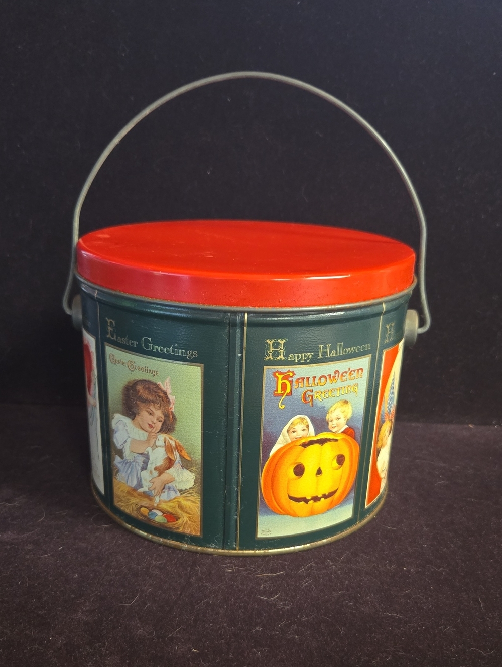 Vtg 1993 Victoria Graphics Holiday Greetings Tin Bucket Halloween Easter Christm